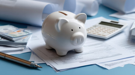 A white piggy bank sits on top of a pile of papers and a pen. The piggy bank is surrounded by money and a calculatorの素材