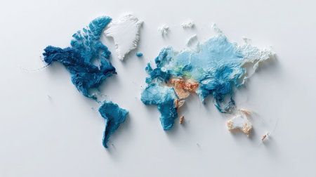 A colorful, abstract representation of the world map made of blue and white paint. The blue and white colors create a sense of depth and dimension, while the various shapesの素材