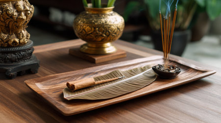 A tray with a feather and incense sticks on it. The tray is on a wooden tableの素材