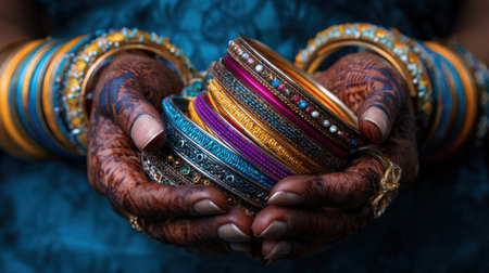 A woman is holding a bunch of bangles in her hand. The bangles are of different colors and sizes, and they are arranged in a way that they look like a bunch of beadsの素材