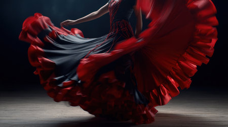 A woman in a red dress is dancing with her arms outstretched. Concept of freedom and joy, as the woman's movements are fluid and graceful. The red dress adds a pop of color to the sceneの素材