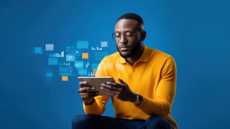 A man in a yellow shirt is using a tablet. The tablet is displaying a lot of numbers and graphs. The man is focused on the tablet, possibly working on a project or analyzing dataの素材