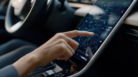A woman is pointing at a map on a car dashboard. Concept of direction and guidance, as the woman is using the map to navigate her way. The car dashboard serves as a convenientの素材