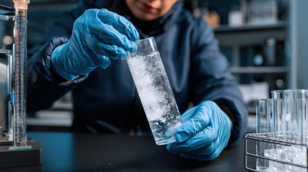 A person is holding a glass of water with a blue glove on. The person is in a lab settingの素材
