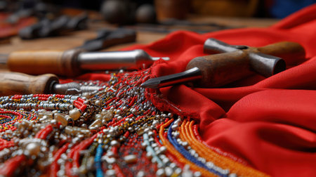 A bunch of beads and tools are on a red cloth. The beads are of different colors and sizes, and the tools are wooden and metal. The scene seems to be a crafting or jewelry-making area, with the beadsの素材