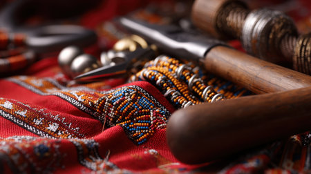 A bunch of beads and tools are on a red cloth. The cloth is patterned and has a lot of colors. The beads are of different sizes and shapes. The tools are wooden and metallicの素材