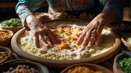 A woman is making a dish with her hands. The dish is a mix of rice and vegetables. There are several bowls and plates on the table, and the woman is using her hands to mix the ingredientsの素材