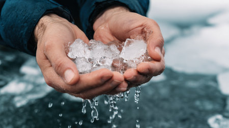 A person is holding ice in their hands. The ice is melting and dripping water. The scene is cold and wet, with the person's hands being the only source of warmthの素材