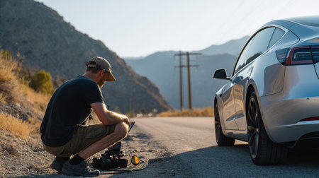 A man is crouching down next to a silver car. He is holding a camera and he is taking a picture. The car is parked on a road, and the man seems to be checking the camera equipmentの素材
