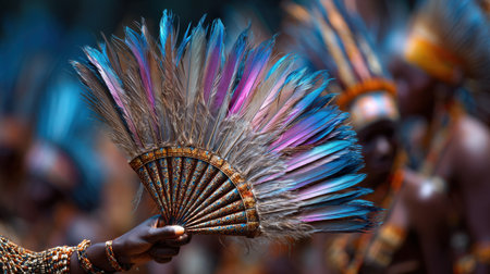 A person holding a fan with feathers on it. The feathers are blue, purple, and pinkの素材