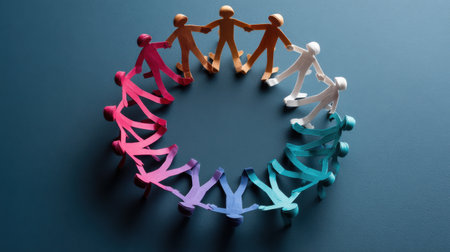 A group of people are holding hands in a circle. The people are of different colors and sizes. Concept of unity and togethernessの素材
