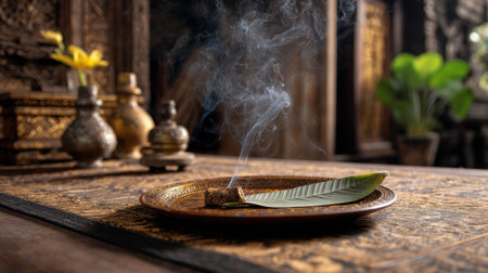 A small leaf is on a plate with smoke coming out of it. The plate is on a table with a vase and a potted plant in the backgroundの素材