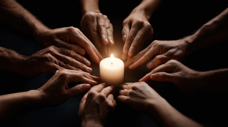 A group of people are holding hands around a candle. The candle is lit and the people are gathered around it. Concept of unity and togethernessの素材