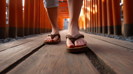 A person wearing brown sandals is walking on a wooden boardwalk. The boardwalk is lined with orange postsの素材