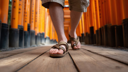 A man wearing sandals walks through a wooden tunnel. The tunnel is lined with orange posts. The man's sandals are brown and have a woven designの素材