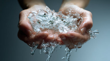 A person is holding their hands under a stream of water. The water is cold and clear, and it is falling from their hands. Concept of refreshment and rejuvenationの素材
