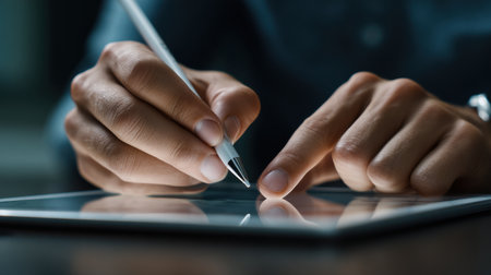 A person is writing on a tablet with a pen. Concept of focus and concentration as the person carefully writes. The use of a pen instead of a digital stylus adds a personal touch to the sceneの素材