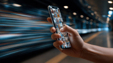 A hand holding a cell phone with a blurry background. The phone is displaying a photo of a person's faceの素材
