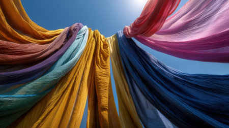 A colorful array of fabric hangs in the air, with the sun shining brightly on it. Concept of vibrancy and energy, as the various colors of the fabric create a dynamic and eye-catching displayの素材