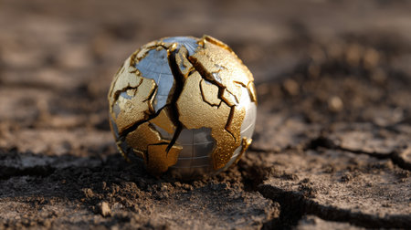 A gold and silver globe is broken into pieces on a dirt ground. Concept of destruction and lossの素材