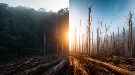 Two different scenes of a forest. One scene is lush and green, with trees and foliage, while the other is barren and dry, with dead trees and a desolate landscapeの素材