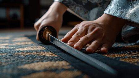 A person is holding a sword and is about to cut something. The sword is long and has a black handleの素材