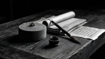 A black and white photo of a table with a pen, a brush, and a small container. The table is covered with a sheet of paper and a scrollの素材