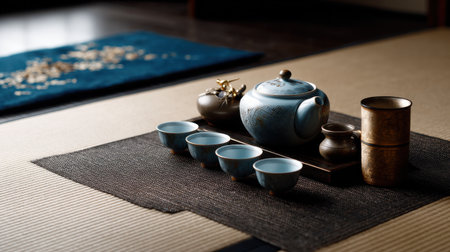 A tea set with a teapot and four cups on a table. The cups are blue and the teapot is whiteの素材