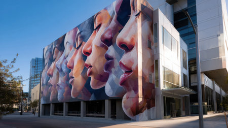 A large building with a mural of faces on it. The faces are all different sizes and colorsの素材