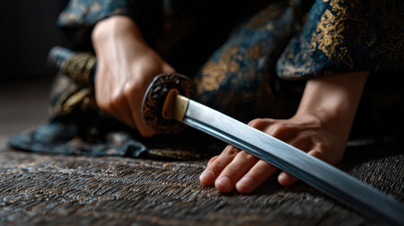 A person is holding a sword in their hand. The sword is long and silver, and the person is sitting on the ground. Scene is serious and focusedの素材