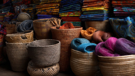 A bunch of baskets with colorful fabrics in them. The baskets are arranged in a way that they look like they are on saleの素材