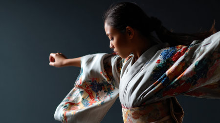 A woman in a kimono is dancing. The image has a mood of elegance and graceの素材