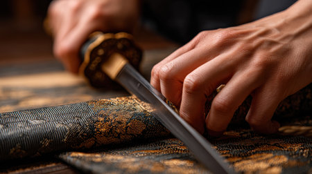 A person is holding a sword and is about to cut something. The sword is made of metal and has a gold-colored handle. The person is wearing a black shirt and he is focused on their taskの素材