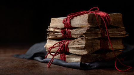 A stack of old books with red strings tied to them. The books are old and worn, and the red strings give them a sense of importance and value. The image evokes a feeling of nostalgiaの素材