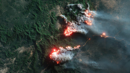 A fire is burning in the woods and the smoke is rising into the sky. The fire is in the middle of the woods and is surrounded by treesの素材