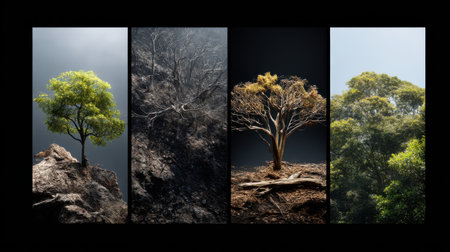 Four different images of trees, one of which is a tree that is dead. The images are arranged in a row, with the first image showing a tree that is green and healthyの素材