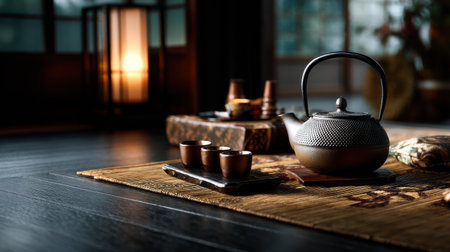 A tea set with a teapot and three cups on a rug. Scene is calm and relaxingの素材