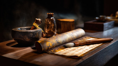 A wooden table with a bowl, a brush, and a scroll of paper. The bowl is filled with a substance, and the brush is resting on the scroll of paperの素材