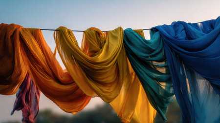 A colorful line of clothes hanging on a line. The colors are bright and vibrant, creating a cheerful and lively atmosphereの素材
