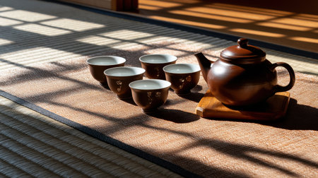 A tea set with a teapot and five cups is on a rug. The tea set is arranged in a way that it looks like a traditional Japanese tea ceremonyの素材