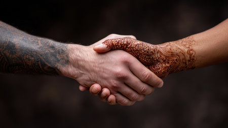 Two hands shaking hands with henna designs on them. Concept of unity and respect between the two individualsの素材