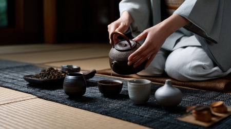 A woman is pouring tea into a teapot while sitting on a mat. The scene is set in a cozy and intimate atmosphere, with the woman being the main focus. The tea set includes a variety of cups and a bowlの素材