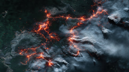 A fiery scene with a volcano erupting and smoke billowing in the air. Concept of danger and destructionの素材
