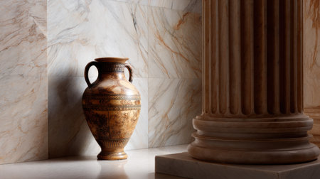 A vase sits on a marble floor next to a pillar. The vase is brown and has a unique design. The scene is simple and elegant, with the vase and pillar being the main focusの素材