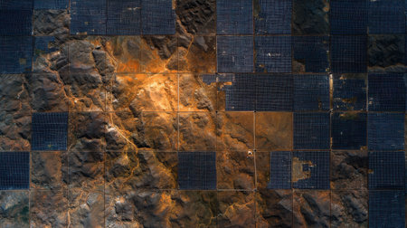 A black and white photo of a rocky landscape with a few squares of blue and white. The photo is of a solar panel installationの素材