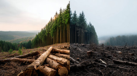 Two different scenes of a forest. One scene is a lush green forest with trees and a clear blue sky, while the other scene is a barren, burnt forest with dead trees and a cloudy skyの素材