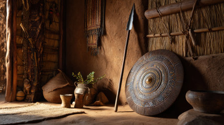 A small room with a wooden shield and a spear. The shield is decorated with a circle and the spear is leaning against itの素材