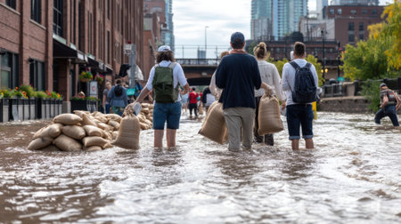 A group of people are walking through a flooded street carrying bags of sandbags. Scene is one of urgency and chaos as the people try to navigate the flooded areaの素材
