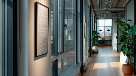A long, empty hallway with a framed piece of paper on the wall. The paper is titled "The Art of the Abstract" and is hanging on the wall. The hallway is filled with large windowsの素材
