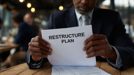 A man is holding a piece of paper that says "Restructure Plan" and is looking at itの素材